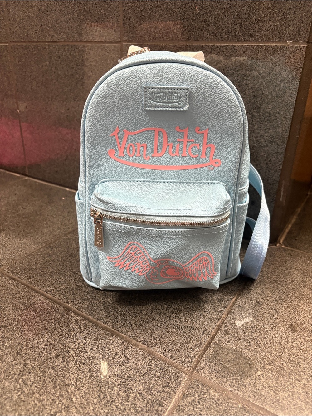 STUNNING these color❤️Von Dutch Light Blue Mini Backpack with Pink Logo Accents